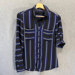 Express Sz Small Portofino Button Down Roll tab Blue Black White Striped Blouse
